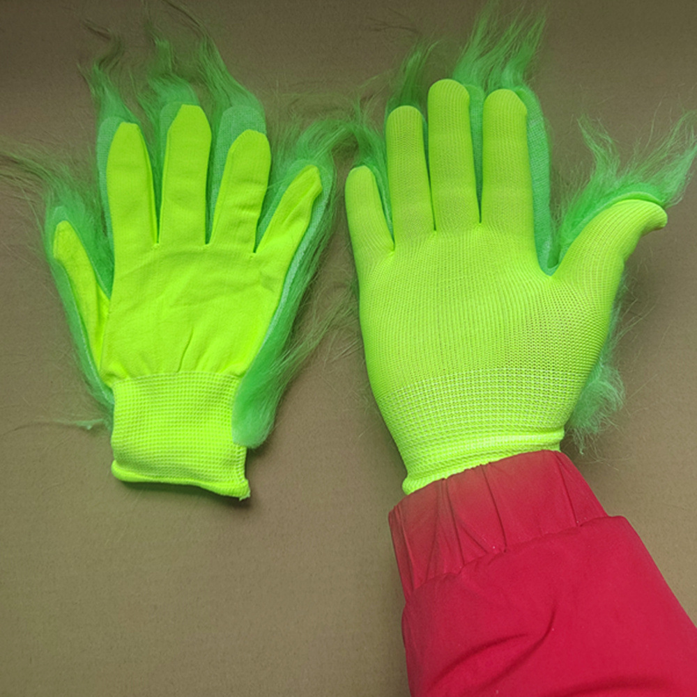 Grinch Handschuesch gréng Grinch Stola Chrëschtdag Halloween Party Elf gréng Hoereg Monster Kappbedeckung Mask_voghion.com