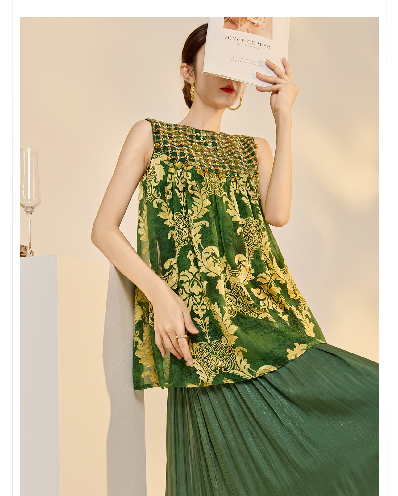 Đầm maxi nữ phong cách Trung Hoa mới, tay không, đính cườm lụa, dáng thắt eo N6041 — màu vàng, xanh lá cây chi tiết 13