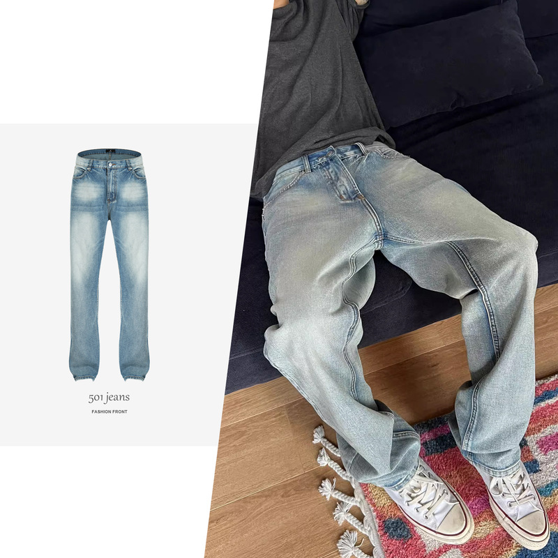 CSMY American Retro 501 Style vintage Ice Blue Straight Jeans Snow Pattern cleanfit Jeans