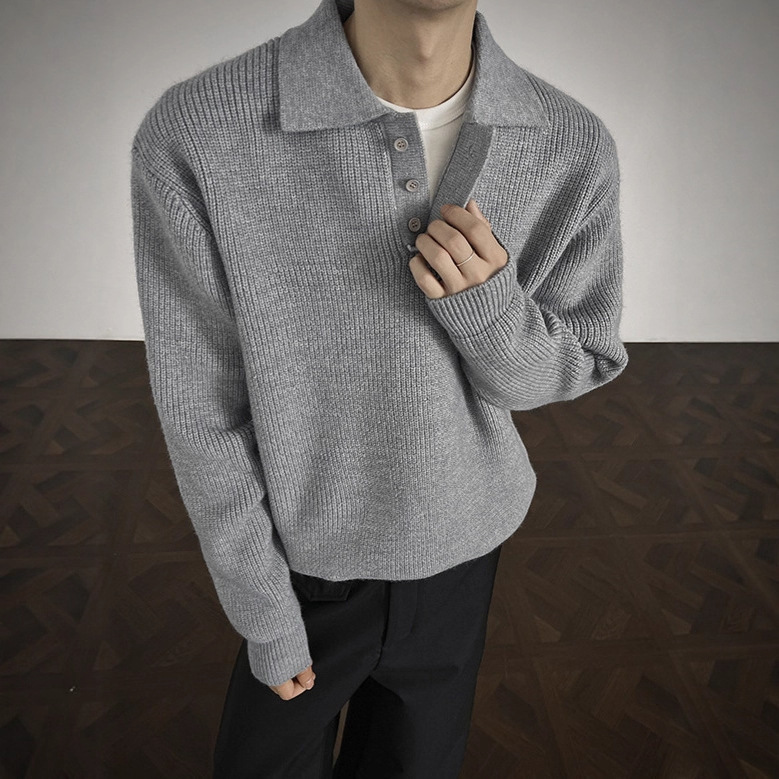 Old Money Style Heavy Polo Collar Sweater Men's Trendy Brand Autumn Loose Retro Lazy Style Solid Color Knit Top