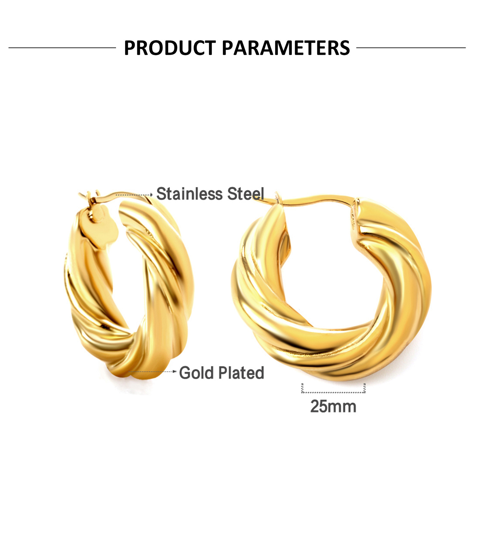 Fashion Round Stainless Steel Plating Hoop Earrings 1 Pair