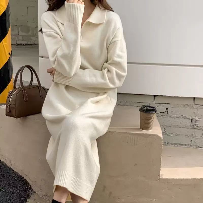 Foreign Trade Lazy Style Polo Collar Knitted Sweater Long Dress for Women, Autumn and Winter Long Loose-Fitting Elegant Inner Knit Dress Foreign Trade Lazy Style Polo Collar Knitted Sweater Long Dress for Women, Autumn and Winter Long Loose-Fitting Elegant Inner Knit Dress