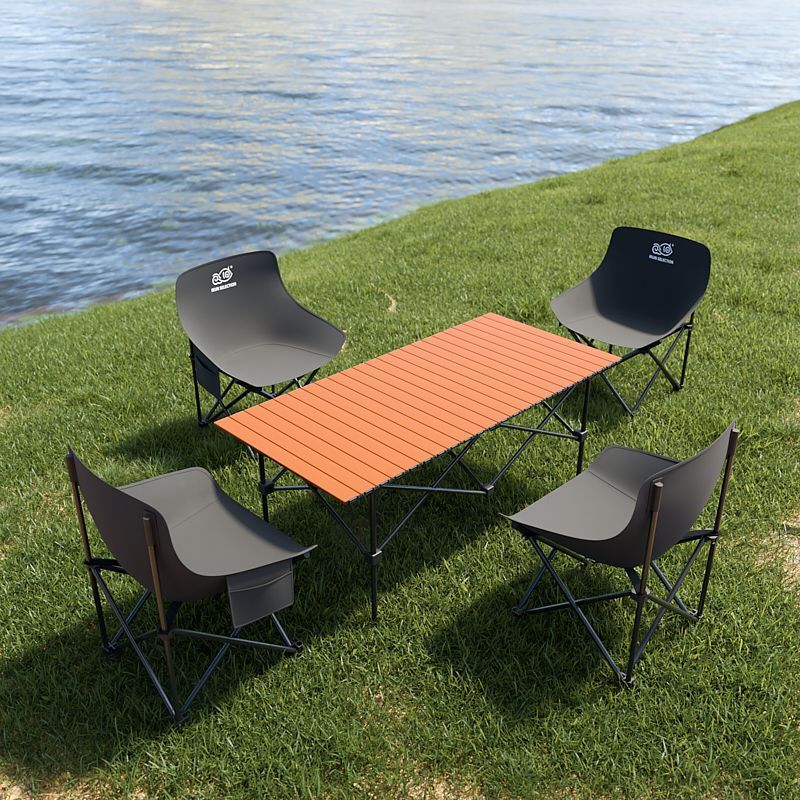 2025 업그레이드 강화모델 + 휴대용 수납벨트 - 오렌지 [120*55*50cm 긴 테이블] + 블랙 의자 4개