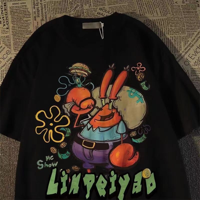 Polyester Japanese-Style Cartoon Fun Crab Boss Print Couple Vest Tank Top T-Shirt for Women and Men Summer Couple Lazy Style 12