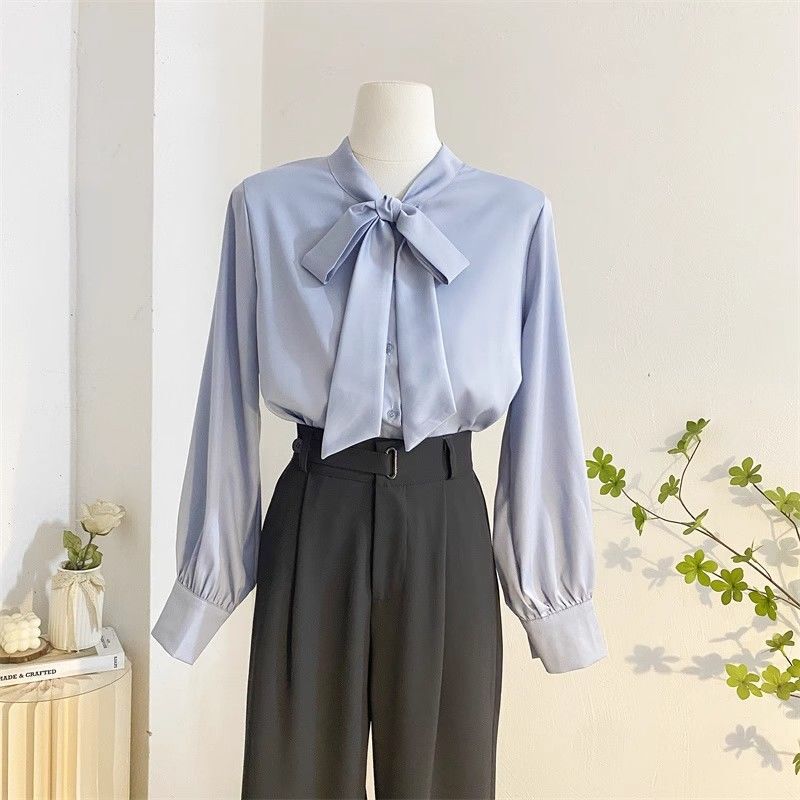Real Shot of the New Chiffon Blue Long-Sleeve Shirt, Stylish Bowknot Ol Blouse for Women with a Professional Design Real Shot of the New Chiffon Blue Long-Sleeve Shirt, Stylish Bowknot Ol Blouse for Women with a Professional Design