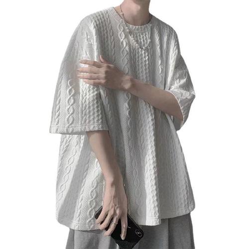 Men's Harajuku Style Short Sleeve T-Shirt, Hong Kong-Inspired Retro Fashion, Five-Button Sleeve T-Shirt, Instagram-Korean Version Trendy Loose Top