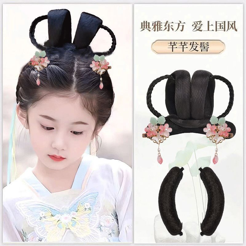 子供用古代衣装ヘアピース、かわいい女の子用漢服風ヘアピースセット、シンプルで多用途な古代風おだんごヘアバッグ|undefined
