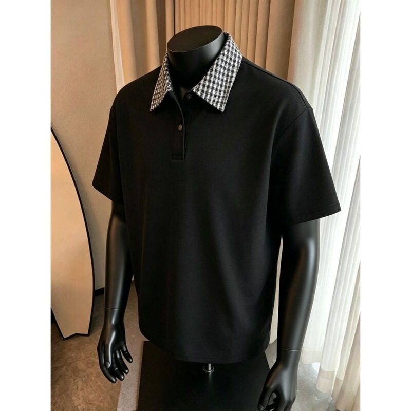 College-style plaid polo shirt, short-sleeved, men's summer American high street style, clean-fit couple's outfit, half-sleeve