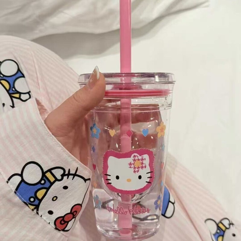 小紅書と同じスタイルのキティ猫ストロープラスチックカップ、見栄えの良いかわいい女の子の水カップ、学生のポータブルタンブラー|undefined