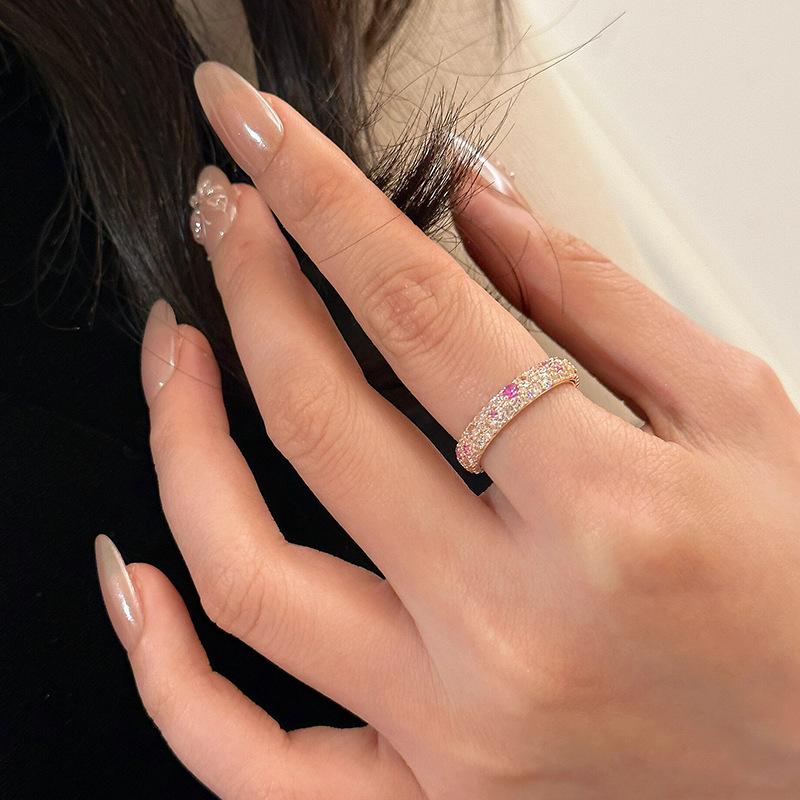 Pink Row Diamond Colorful Gemstone Niche Design 2024 New Hot Sweet Tail Ring_voghion.com