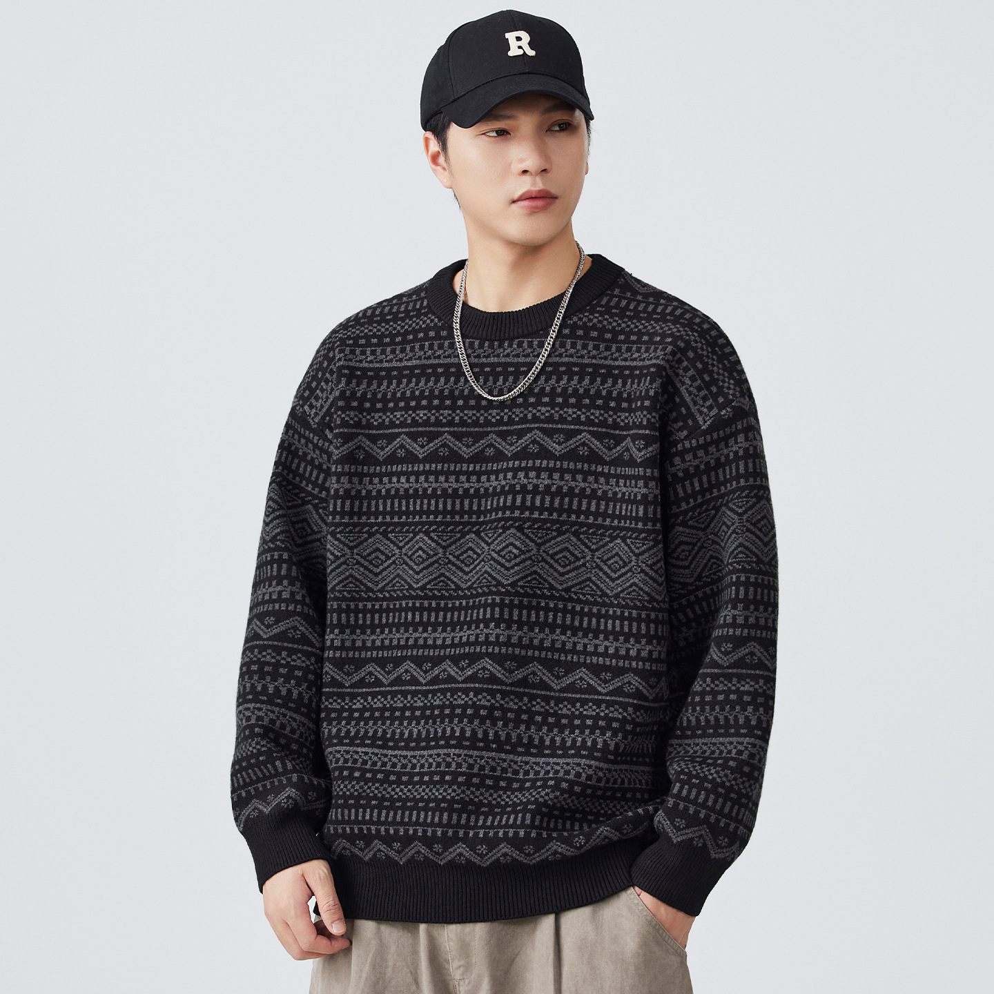 外贸批发几何图案提花圆领毛衣男美式宽松男士百搭重磅保暖针织衫