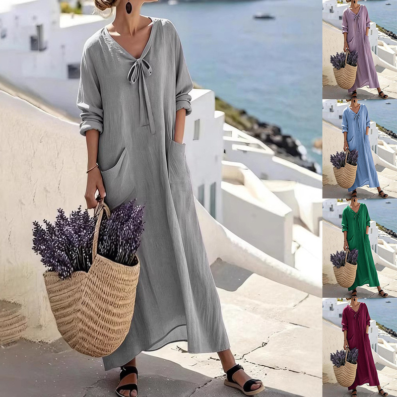 2026 European and American Cross-Border New Women's Clothing Amazon Casual V-Neck Long-Sleeved Loose Cotton and Linen Solid Color Women's Dress