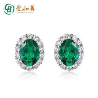 个性时尚几何培育祖母绿复古耳钉欧美风S925纯银彩宝耳饰跨境热卖