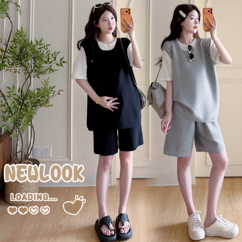2026 Summer New Style Maternity Casual T-Shirt Knitted Two-Piece Set Fake Two-Piece Patchwork Top + Shorts Sports Suit