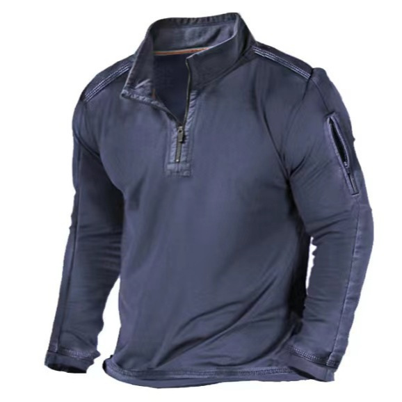 Primavera y otoño Comercio exterior más tamaño de los hombres al aire libre bolsillo con cremallera media cremallera cuello táctico de manga larga Camiseta suéter casual