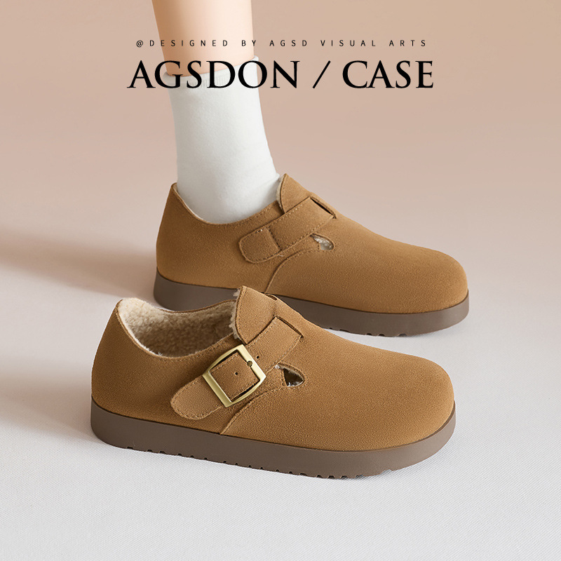 Augu Shi Deng con una base gruesa y terciopelo Bocken para mujeres 2025 otoño y invierno nuevos zapatos casuales con suela plana de un solo pie zapatos de lana