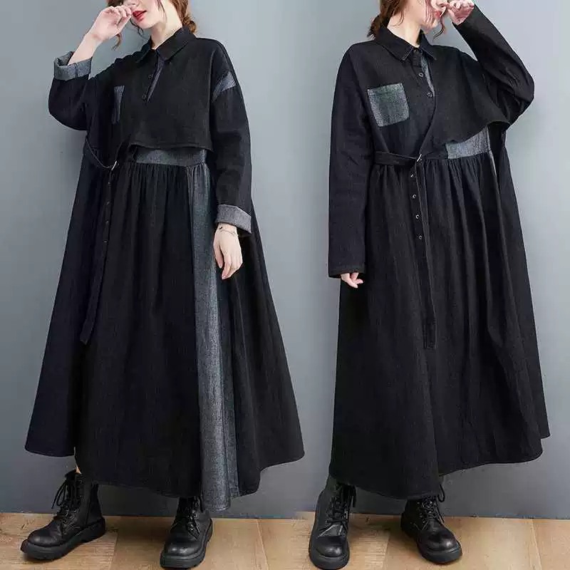 Реальная стрельба 2025 новая весна с длинными рукавами джинсовое сшивание платье повседневное свободное контрастное темпераментное платье