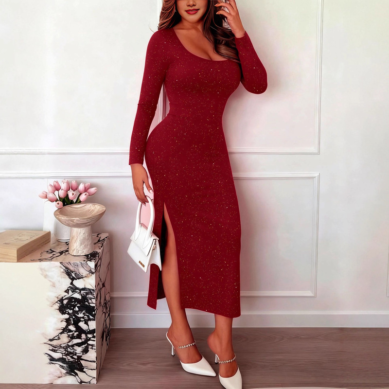 Burgundy Sequined Round-Neck Long-Sleeve High-Slit Bodycon Midi Dress, Elegant and Slimming Party Dress