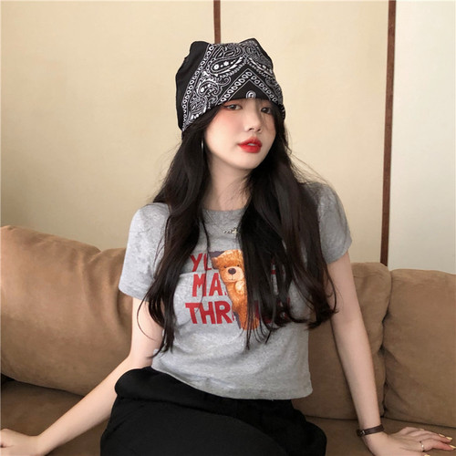  summer new style Korean letter bear print short-sleeved T-shirt women's slim short top foreign trade women's clothing