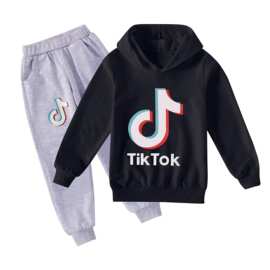 春秋跨境童装专供抖音Tik Tok印花时尚跨境电商儿童卫衣黑灰长裤