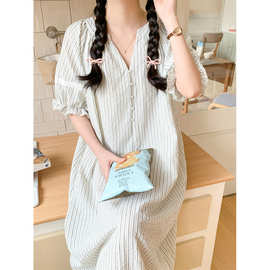 韩国ins条纹简约舒适睡裙休闲宽松慵懒家居服