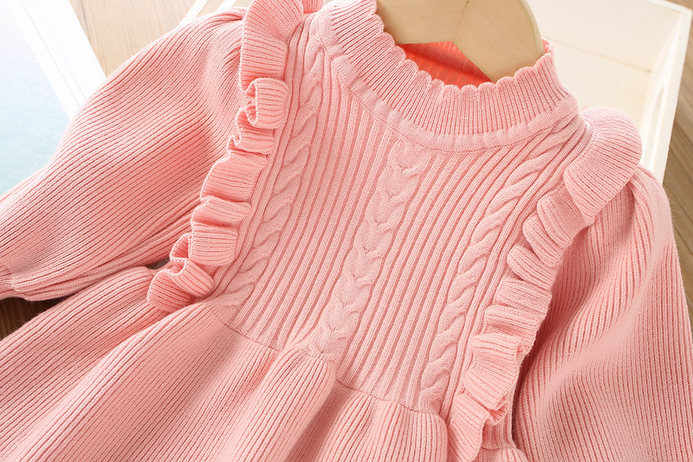 Girls Knitted Dress Autumn Winter Solid Colour Long Sleeve Style_voghion.com