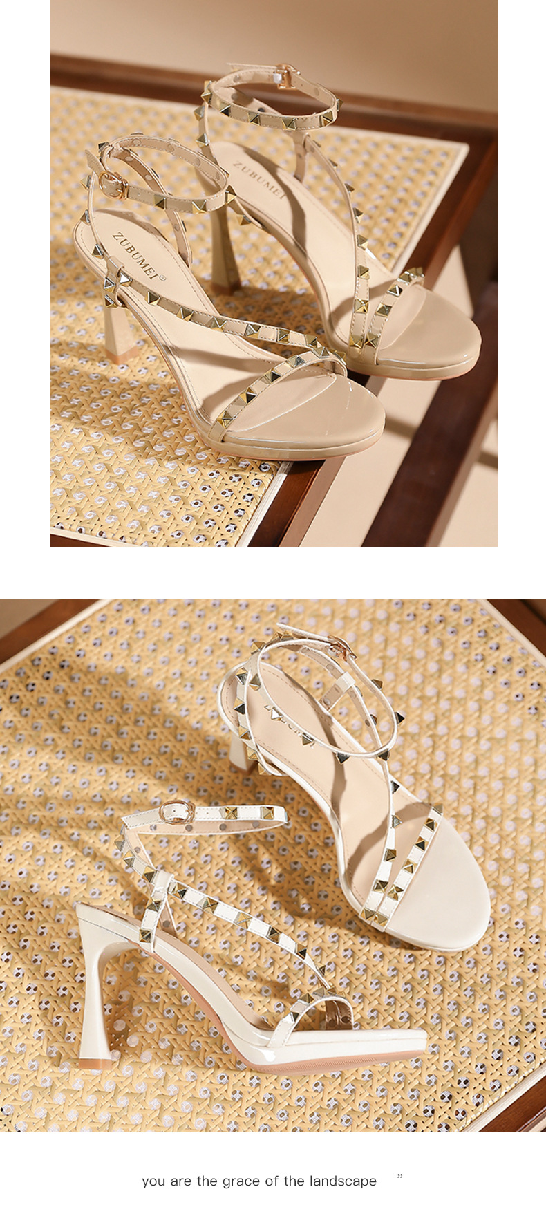 Sandal cao gót nữ mũi tròn quai ngang đính đinh tán — trắng ngà chi tiết 9