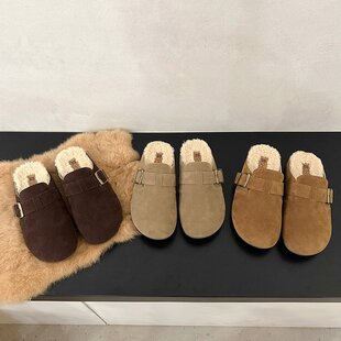 A pedal retro ugly adorable soft bottom fleece-lined Mao Mao shoes women's 2024 autumn and winter new fleece-lined warm Baotou drag