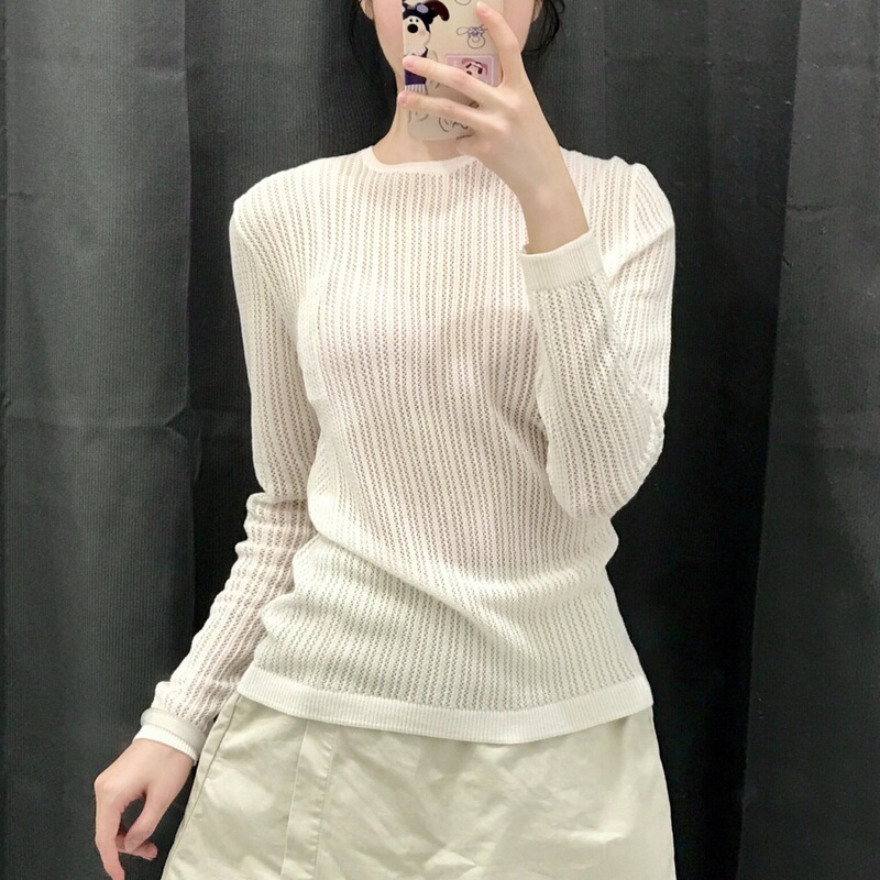 Japanese Single New Women's Autum Mesh Round Neck Knitwear Long-Sleeved Knitwear Lace Elegant Versatile Top 470457