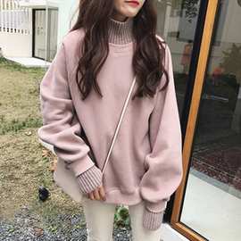 加绒高领拼接卫衣女秋冬纯色宽松长袖假两件跨境女装外贸批发eBay