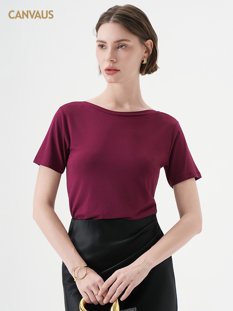 CANVAUS verano simple y suave camiseta glutinoso para mujer nueva versión coreana de color sólido cuello de una línea casual de manga corta jersey para mujer