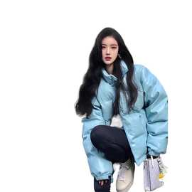 rsize面包服ve新款pu皮2025年蓝色o立领棉服冬季宽松外套女小个子