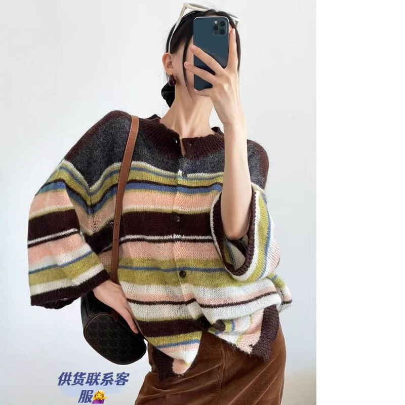 Designed Contrasting Color Stripesd Mohair Knitted Cardigan for Women in Autumn and Winter New Style Lazy Style Loose Casual Large Size Sweater