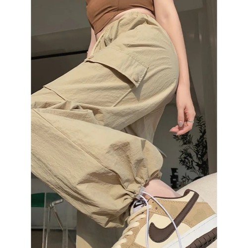 Summer Quick-Dry Work Pants for Women, Khaki Color, Loose Fit, Slimming Straight Leg, American Style Drawstring Sports Pants