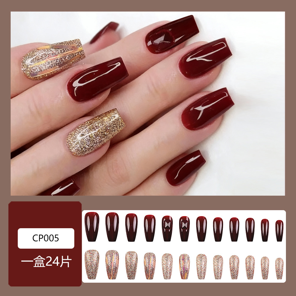 El comercio exterior brilla vino rojo desgaste de uñas europeas y estadounidenses viento tridimensional perforación de uñas falsas 24 piezas de uñas al por mayor