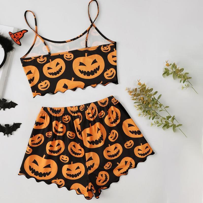 2026 Autumn and Winter Cross-Border Foreign Trade New Lingerie Women's Halloween Pumpkin Print Pajamas Set