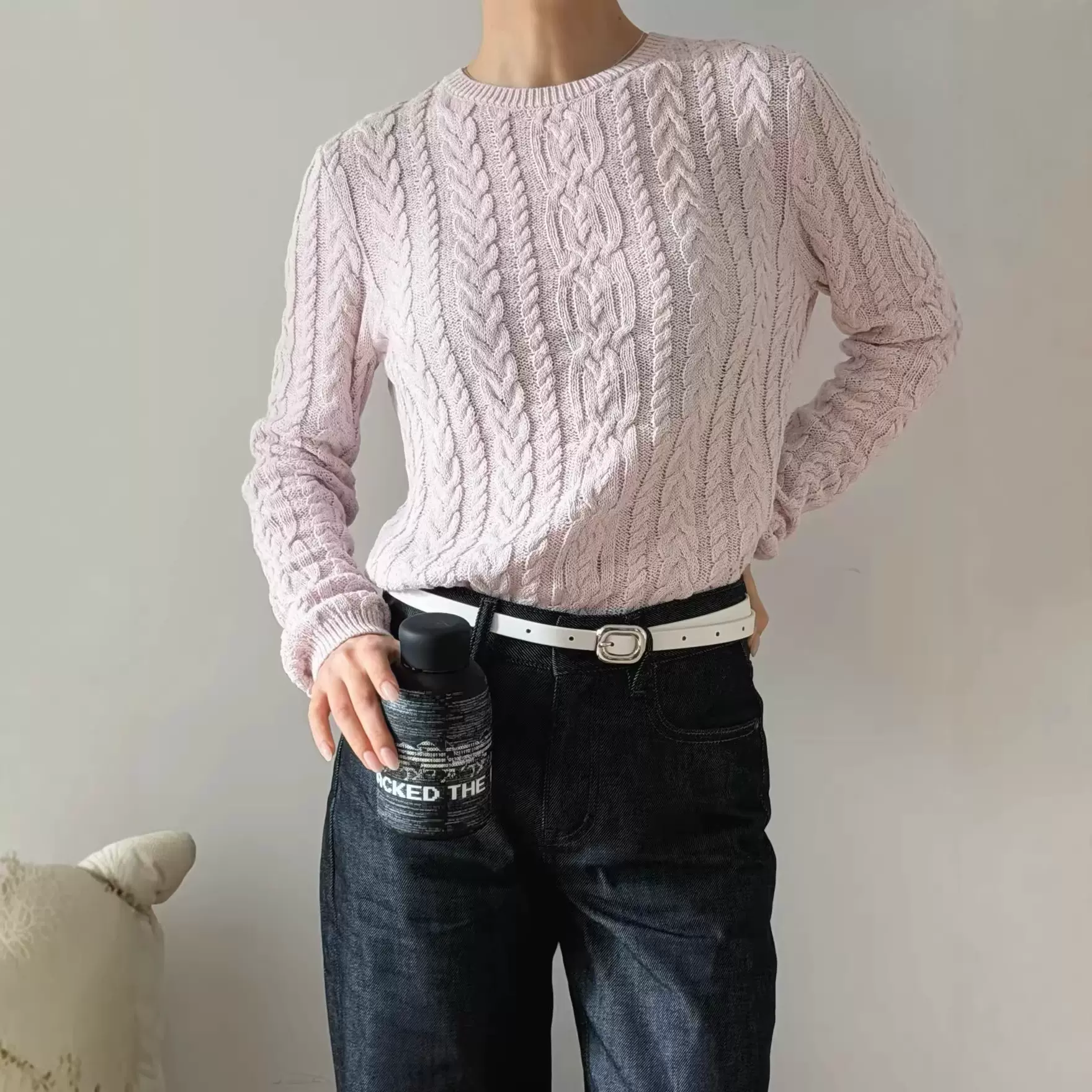 春季新款亚麻针织百搭复古微宽松小宽肩圆领绞花套头毛衣女6102