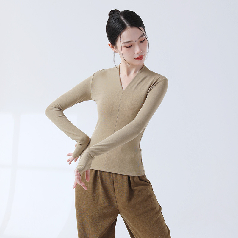 モダンダンス練習着 女性用 新型 Vネック スリムフィット 半袖ニットトップス 中国舞踊 日常体操 ダンスウェア|undefined