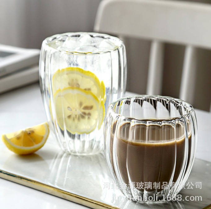 Tazas de vidrio a rayas de doble capa personalizadas, tazas de vidrio a rayas de alta resistencia al calor, tazas de leche de oficina, tazas de desayuno