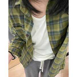 新款港风绿色格子衬衫外套女春秋季宽松bf慵懒风开衫衬衣跨境批发