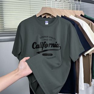 200g heavy American pure cotton T-shirt men's short-sleeved loose round neck top trendy printed T-shirt summer half-sleeved