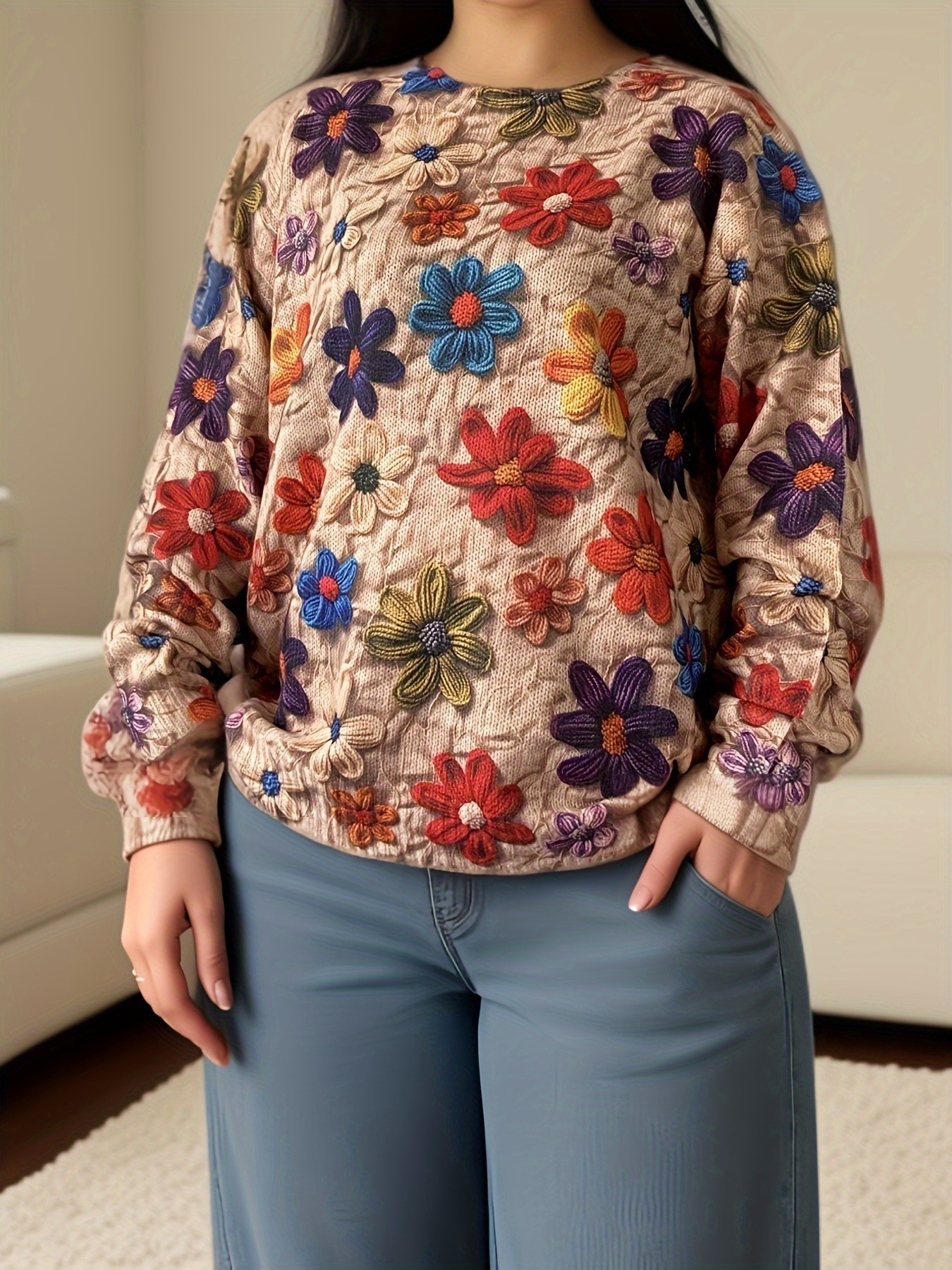Foreign Trade Printed Knitwear for Women, Retro Loose Large Size Long-Sleeved Autumn Clothes, 3D Embossed Flowers, 3D Stereo Printing