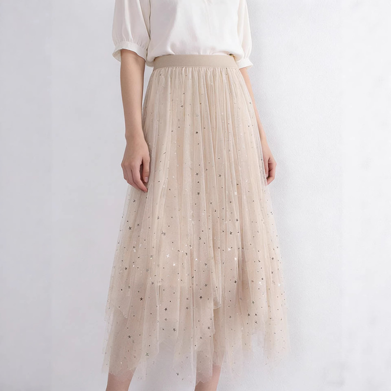 Super Fairy-Like Mesh Skirt for Women, Mid-Length, 2026 Spring/Summer New Style, Versatile Star Sequin Irregular Tulle Skirt