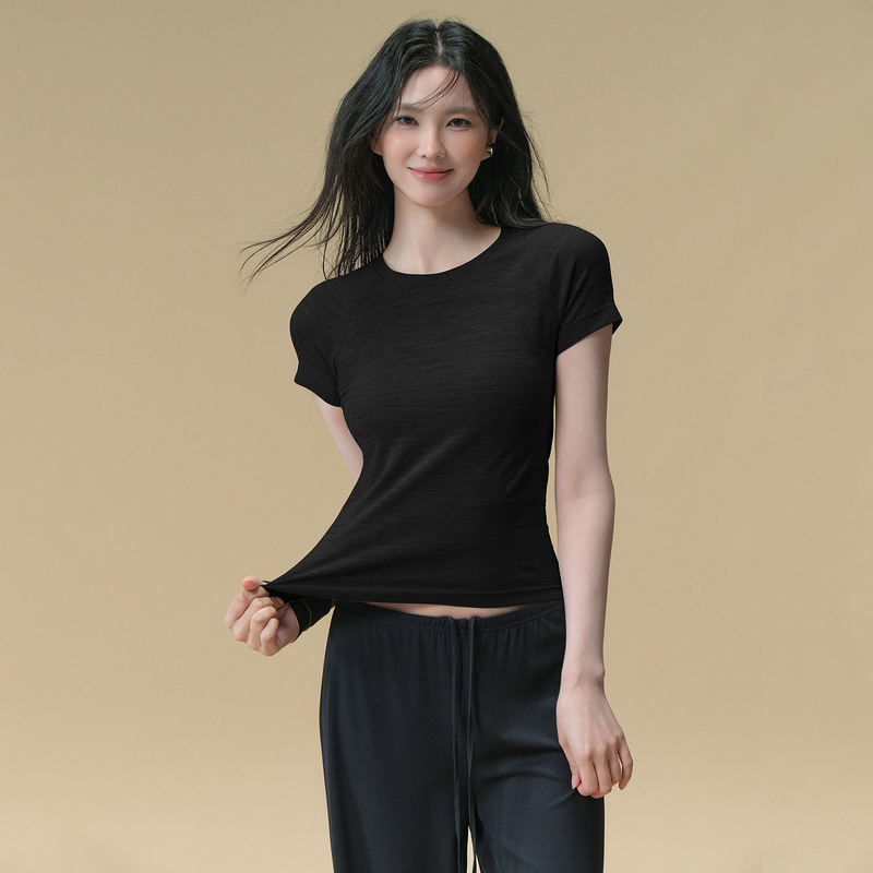 裸感舒适透气瑜伽服短袖女夏季跑步训练运动T恤普拉提健身上衣|undefined