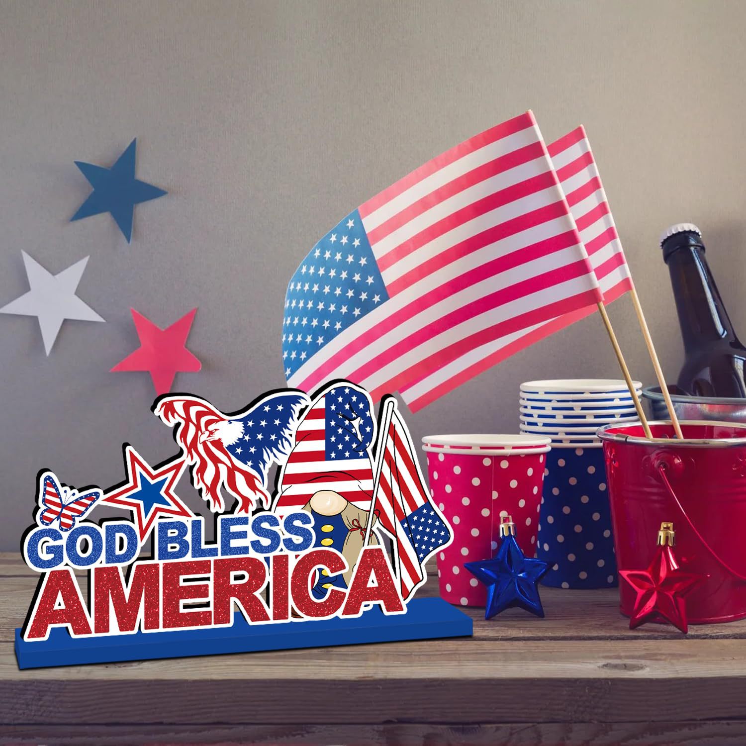 Transfronterizo temu nuevo Día de la Independencia Día de los Caídos Decoraciones Mesa Decoraciones Logotipo de madera