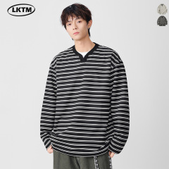 LKTM男装 韩系基础款V领条纹长袖T恤男女慵懒高级感宽松休闲上衣