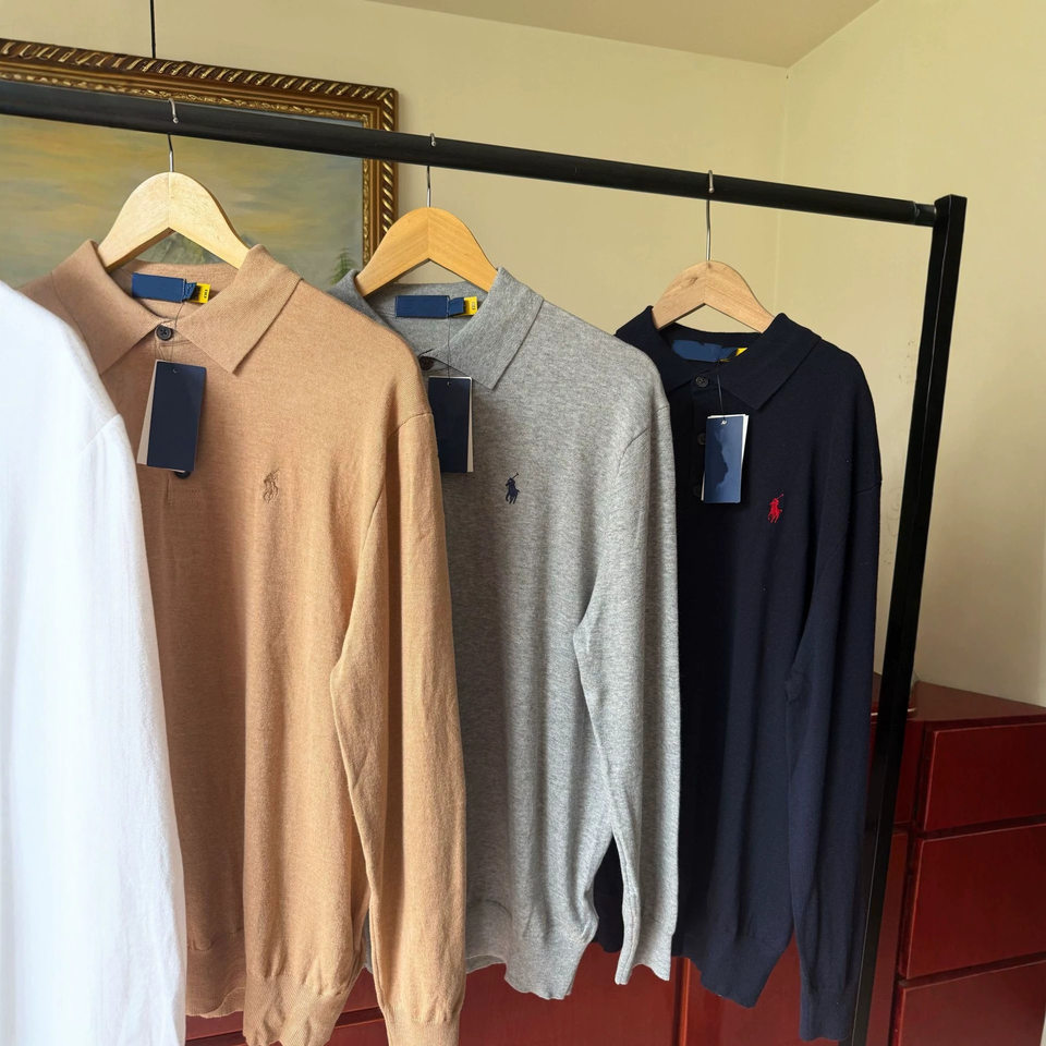 Áo polo nam dài tay cotton thêu hình ngựa nhỏ, cổ bẻ ba cúc, phong cách công sở — Màu kaki, Màu trắng, Màu xanh tím than, màu xám chi tiết 7