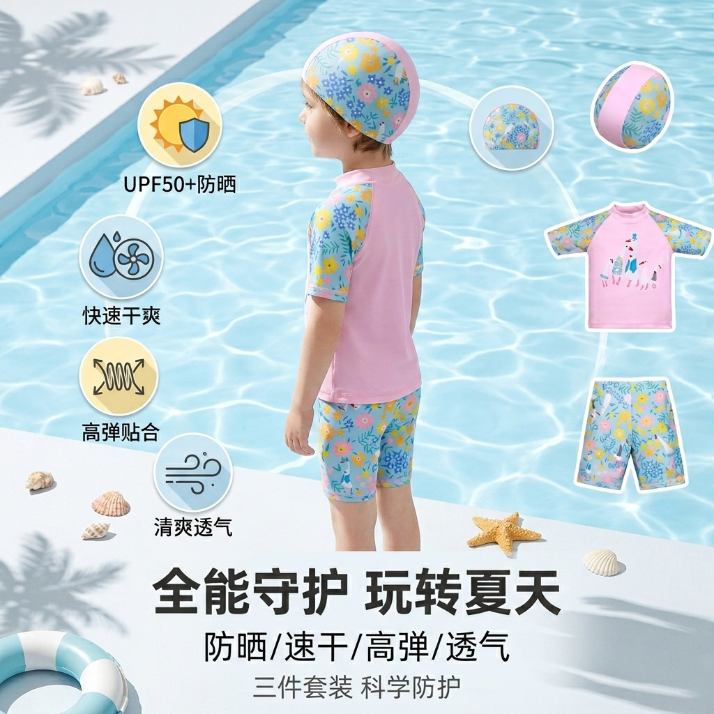 (Cross-border trading), children's swimwear, cartoon split uniform, set, for teenagers, 3 piece set 2