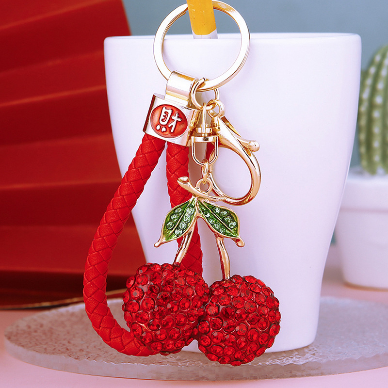 Lucking Creative Simulation Fruit Alloy Rhinestone Cherry Car Keychain Women's Cute Bag Pendant Key Chain Ring