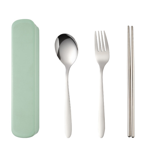 Portable stainless steel tableware set of three promotional gift logo for students outdoor fork set chopsticks and spoon set